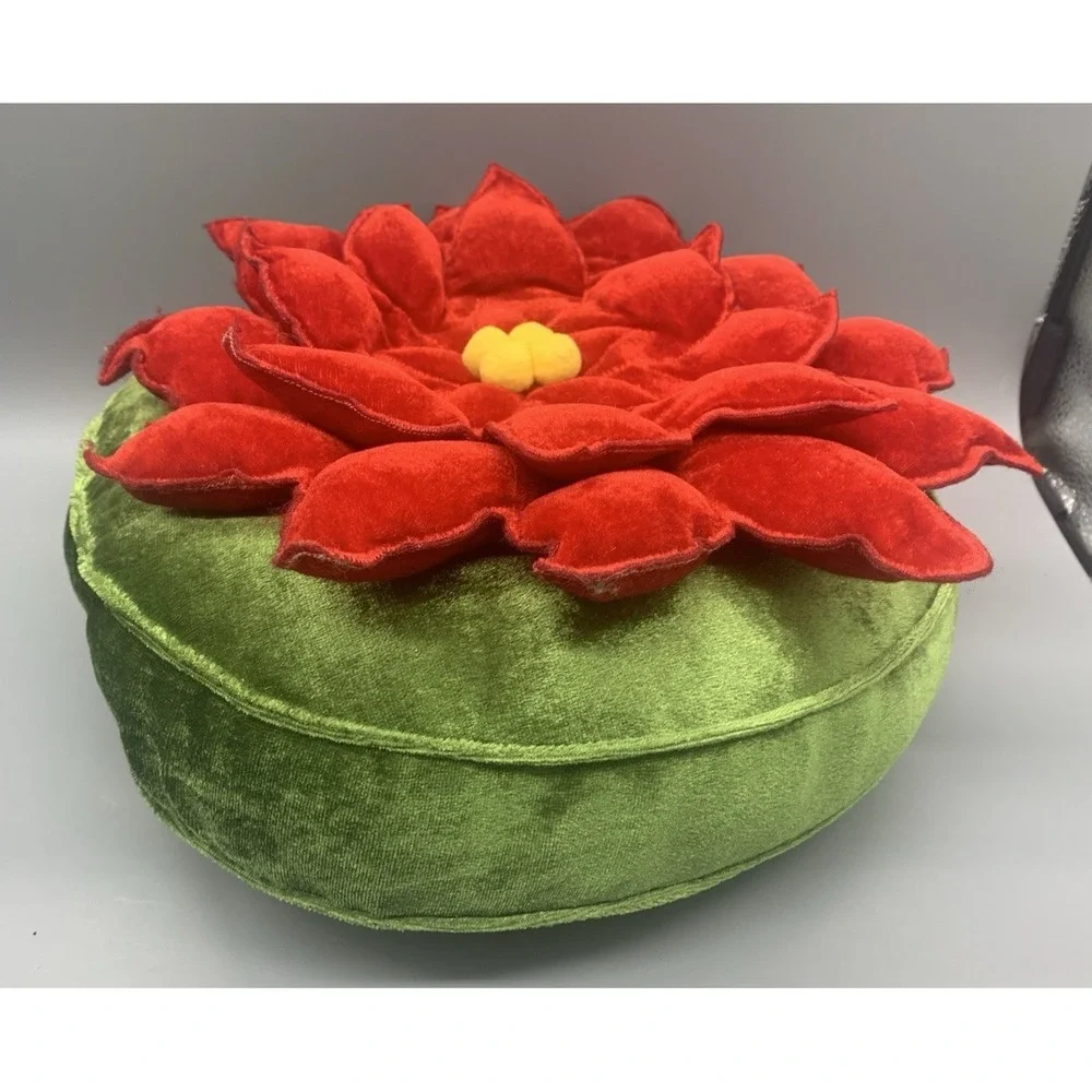 Vintage Christmas Poinsettia Throw Pillow Red Green Velour Round 11